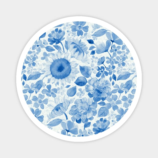 Denim Blue Monochrome Retro Floral Magnet by micklyn